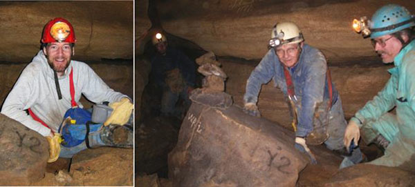 Two photos of cavers seated in a cave