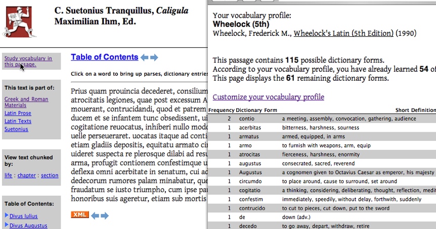 A screen shot showing a vocabulary customization feature in the
                        Perseus Digital Library