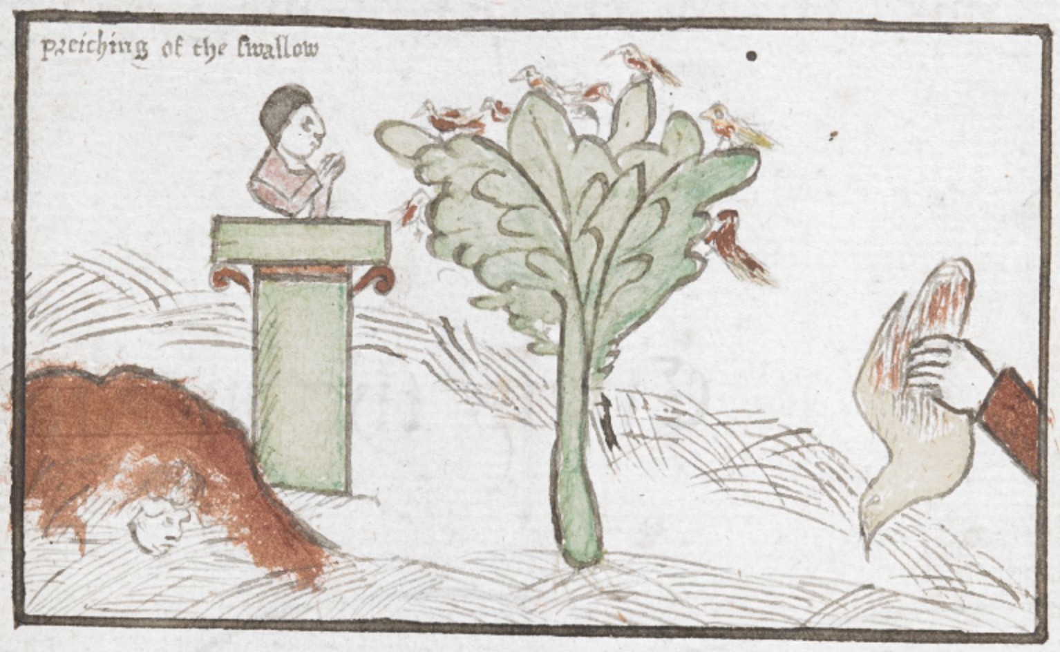 Image of a man on a pedestal, birds atop a tree, and a hand holding a
                     bird.