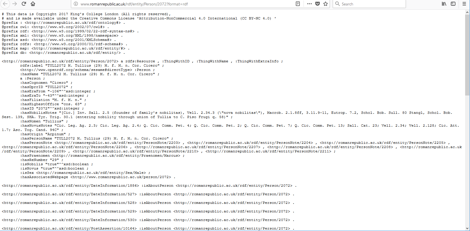 A screen capture of the RDF data (Turtle format) delivered by the server for Cicero's URI.