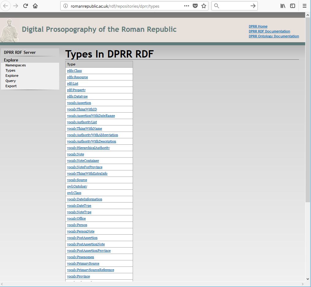 A screen capture of the response to a request to see the types defined in the DPRR RDF dataset.