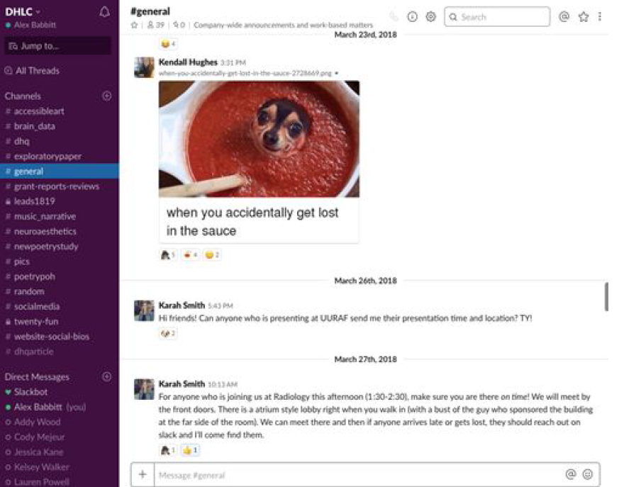 A screenshot of a conversation on Slack including a meme and discussion
                        of meetings.
