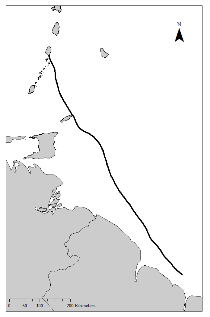 A map of an isochrone route between St. Vincent and Guyana depicted
                        with a black line.