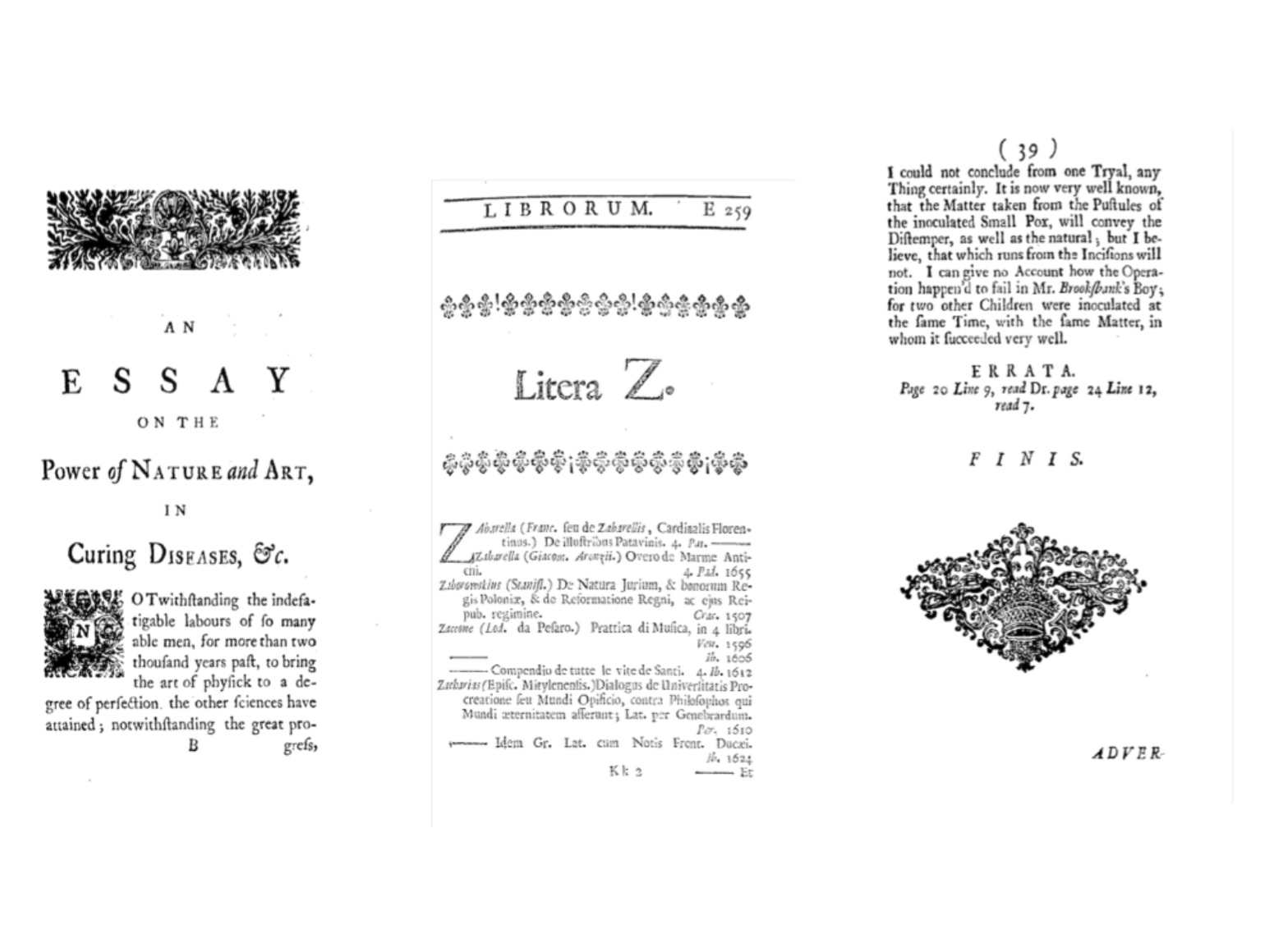 Three examples of typical printers’ ornaments. 1a: A headpiece and factotum; 1b: Two rows of fleurons; 1c: A Tailpiece