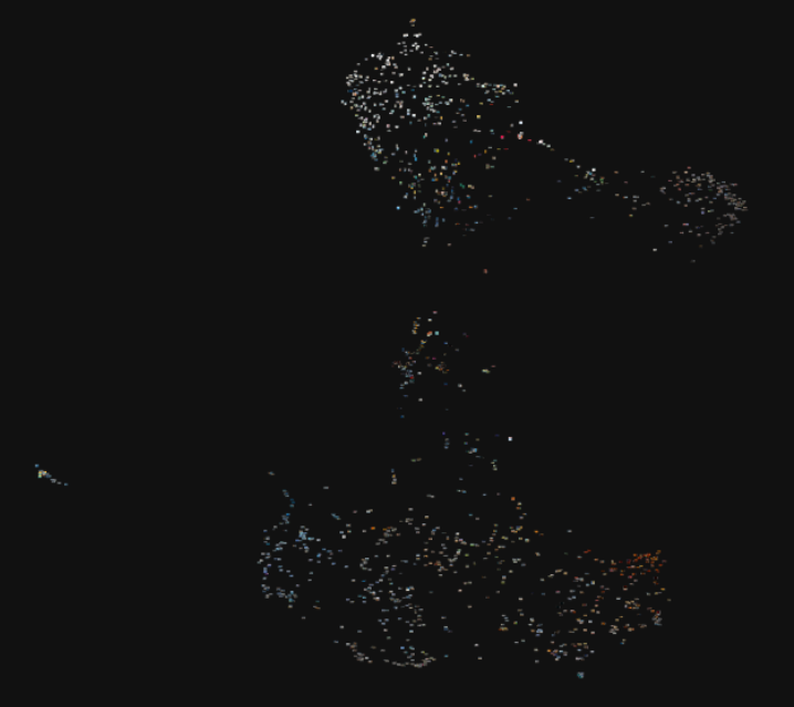 image of a tsne plot with many points on a black background. There is a list of images on the left side of the screen