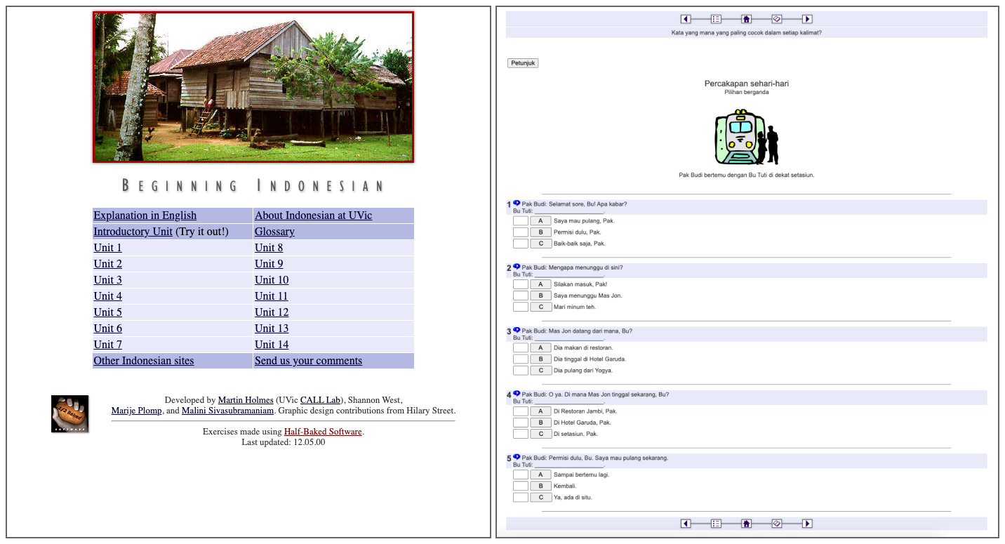 The home page and an example exercise from the Beginning Indonesian
                        site, dating from the late 1990s.