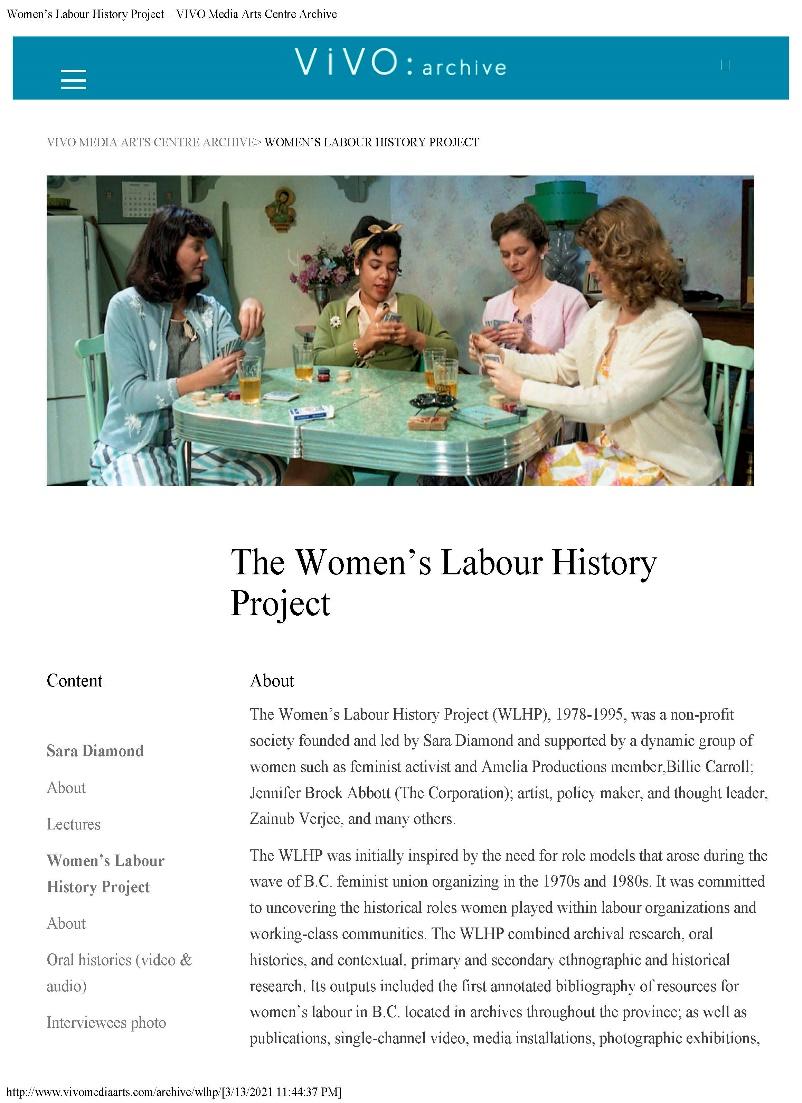 screenshot of the homepage for the women's labour history project. the website includes navigation and information about the project