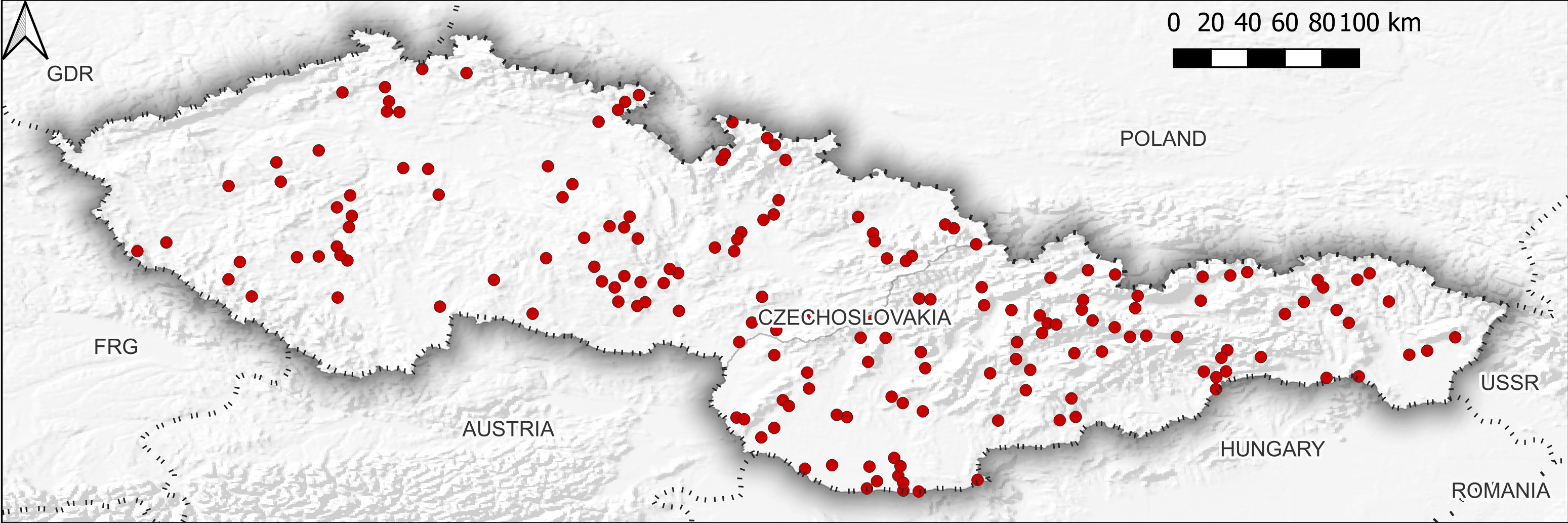 Map of Czechoslovakia with red dots