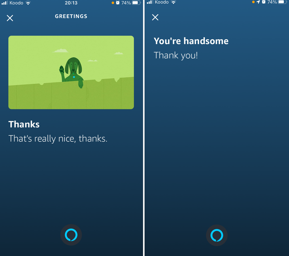 Two screenshots of Alexa mobile application, with and without cartoon
                  dog.