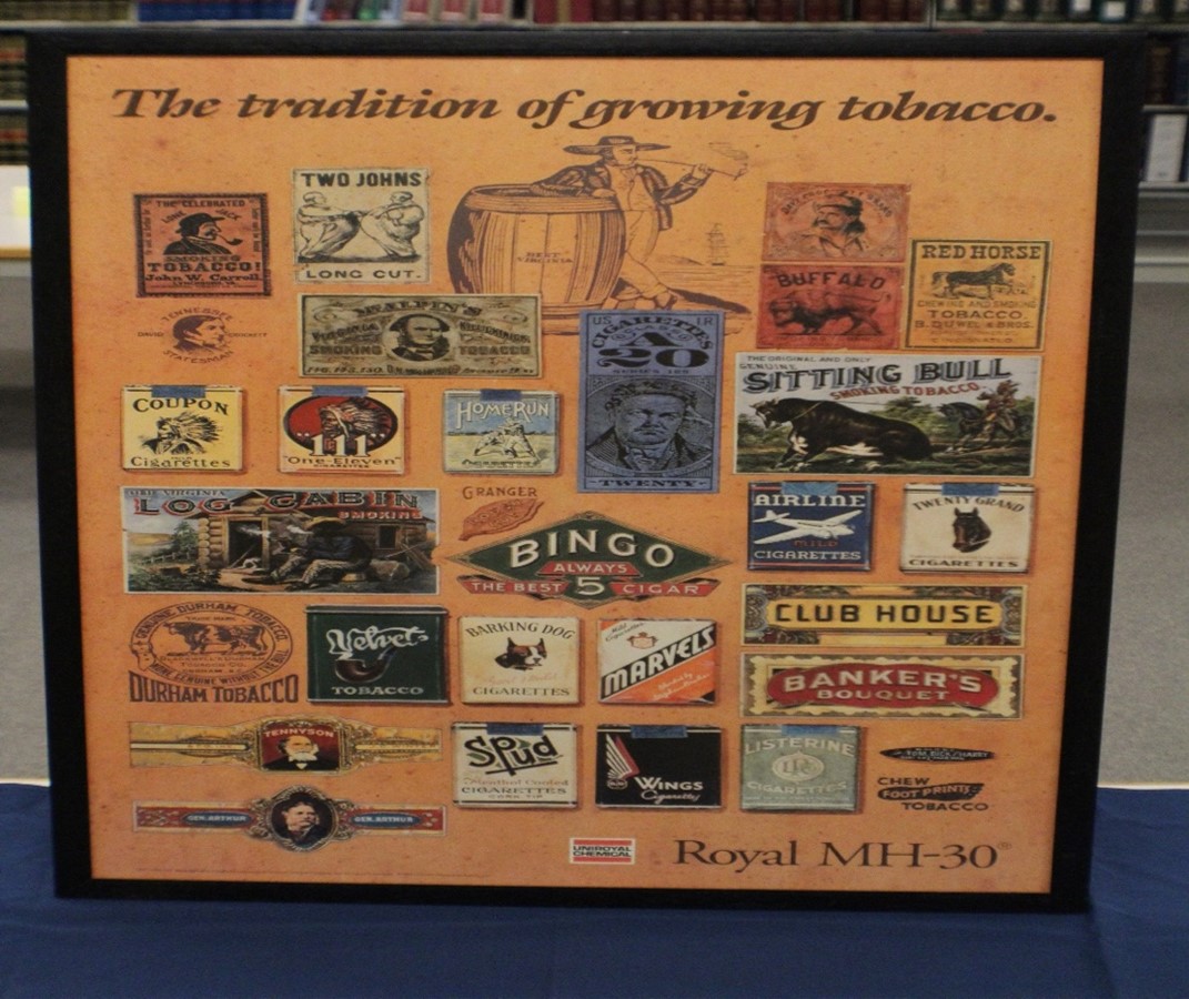 Cigarette and cigar packing labels in frame.