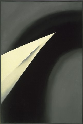 A black and white painting composed of overlapping diagonal shapes