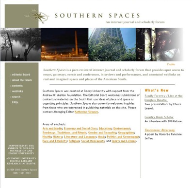 Screenshot of the Southern Spaces homepage