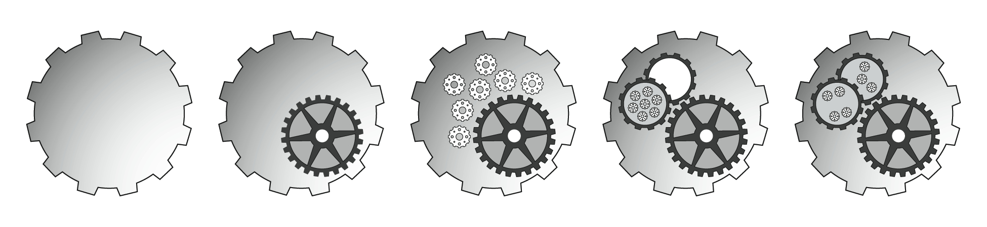 Five sample clock droplets with varying arrangements of gears.