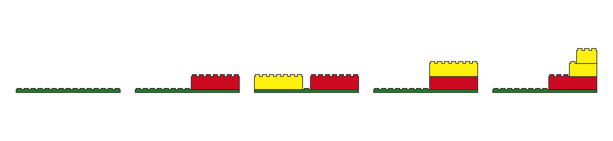 Five sample Lego™ pieces built in different designs.