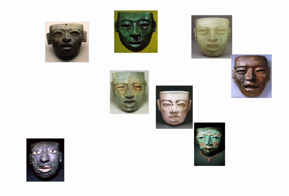A serial arrangement of the masks, focusing on the overall likeness of the facial features.