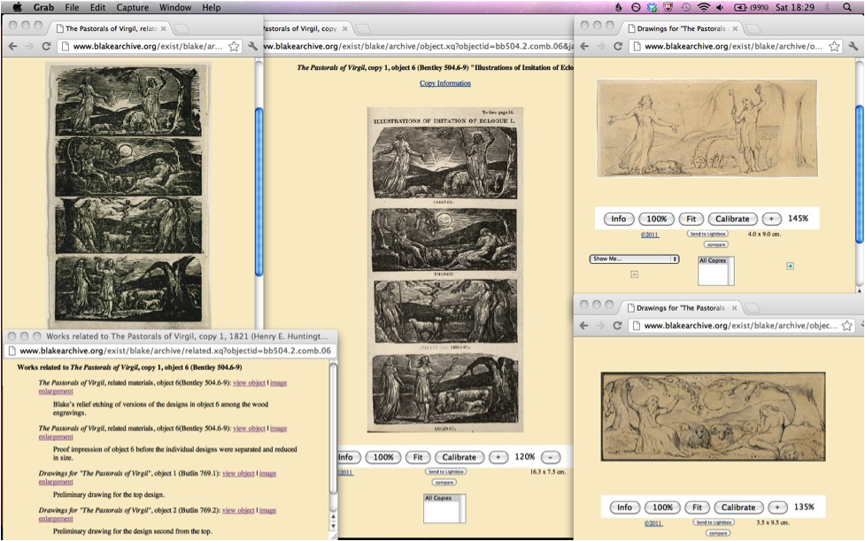Screenshot of William Blake Archive showing views of different Blake
                     works juxtaposed in different windows.