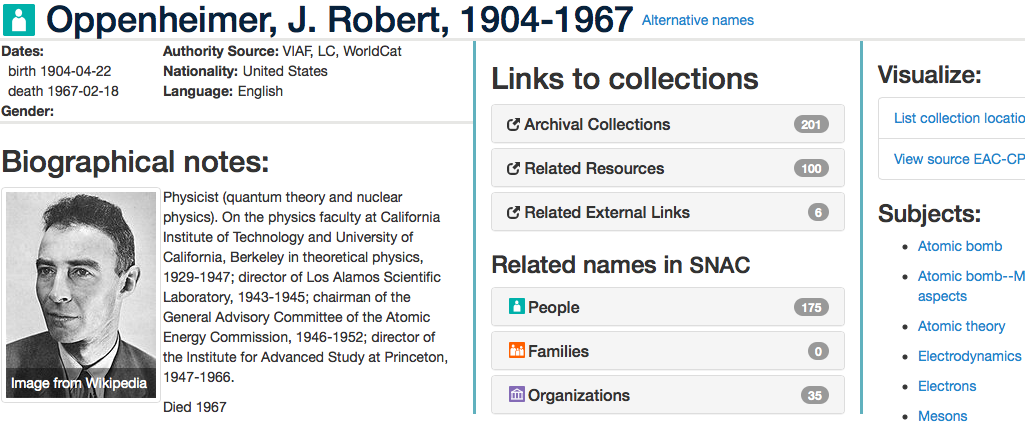 Screenshot of SNAC profile for J. Robert Oppenheimer