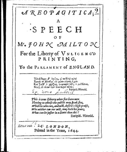 Title page of Milton's Areopagitica (London, 1644).