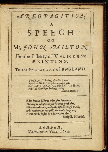 Title page of Milton's Areopagitica (London, 1644).