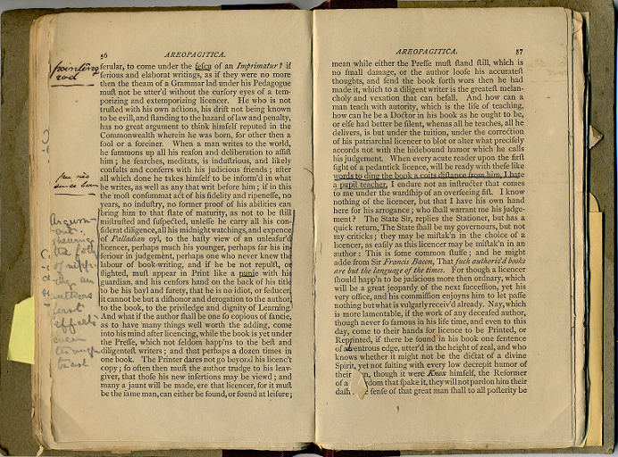 Marginalia in Duke University's copy of Areopagitica, edited by Edward Arber (London, 1869).