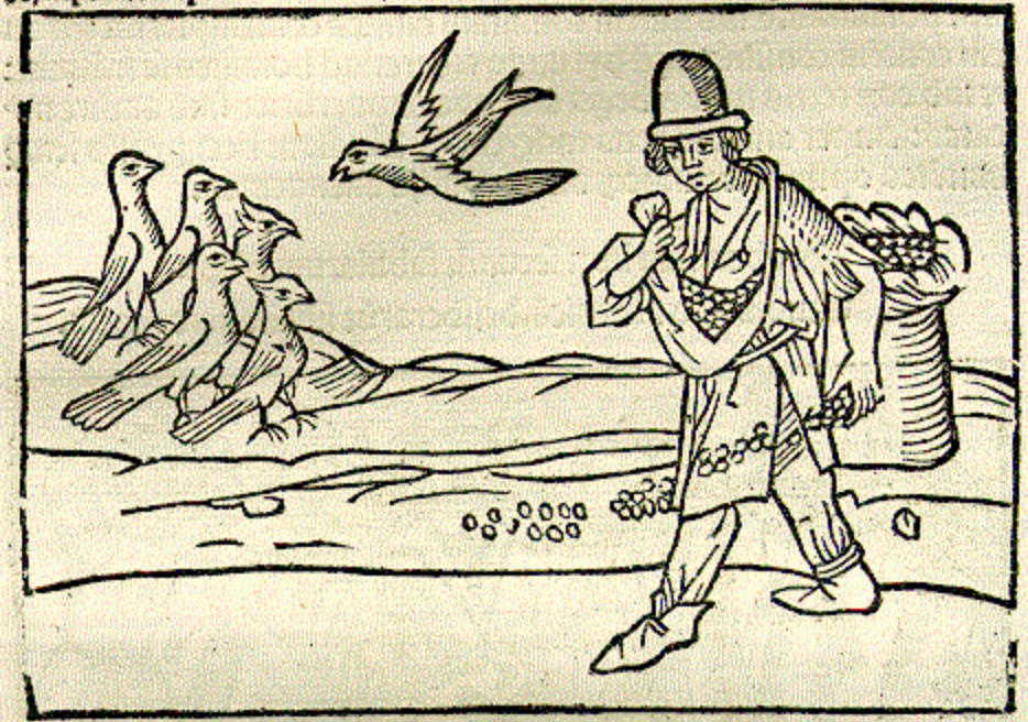 Woodcut of birds and a man.