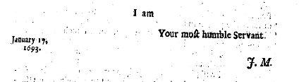 Blount's 'signature' in the anonymous pamphlet Reasons Humbly offered... (London, 1693).